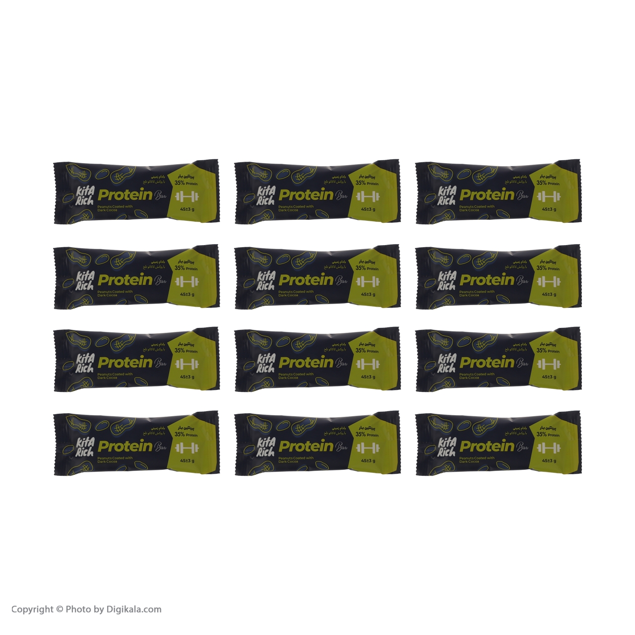 پروتئین بار بادام زمینی کیتاریچ با روکش کاکائو تلخ بسته 12 عددی